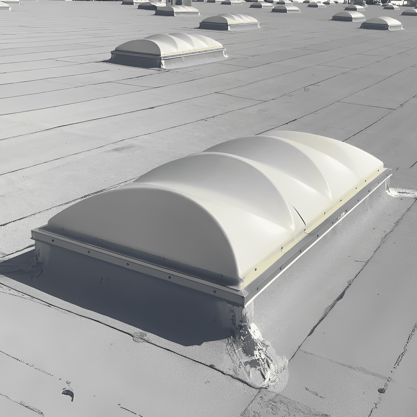 Row of white skylights on flat roof.