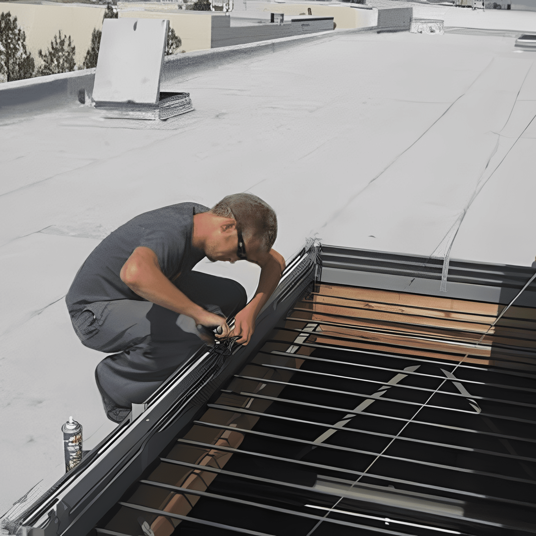 Man working on rooftop mechanical equipment.
